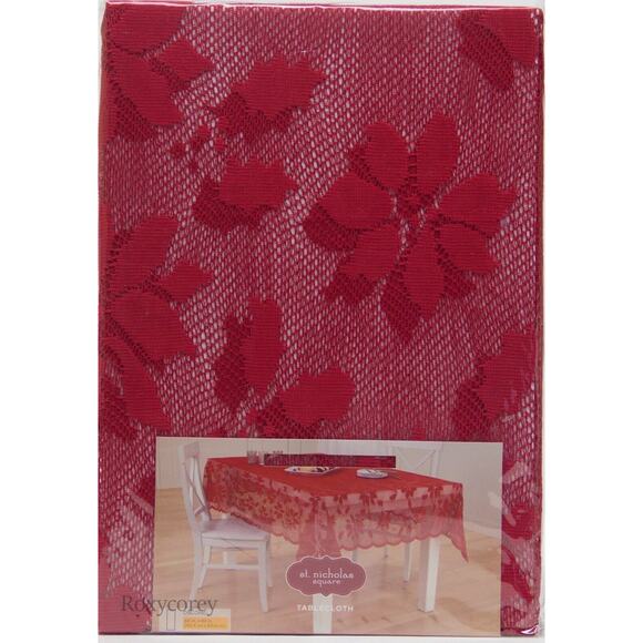 Christmas St Nicholas Square Red Lace w/ Poinsettia 60x84 Oblong Tablecloth New - Picture 2 of 2